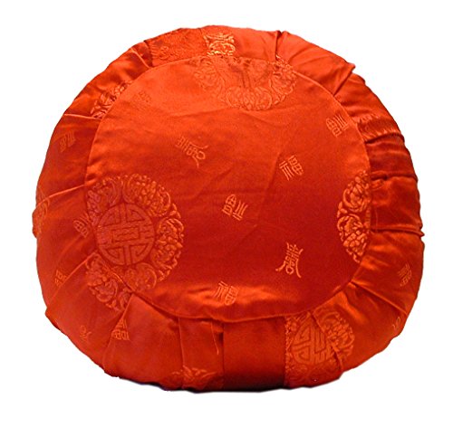 Zen Zafu Sitting or Meditation Cushion with Silk Brocade Cover, Red - color: Red