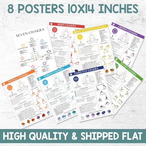 8pcs Chakra Poster (10"x14"), Yoga Poses Poster for Beginner, Spiritual Gifts for Women, 7 Chakra Decor Wall Art For Yoga Studio, Meditation Corner, Reiki Room Home Decorations
