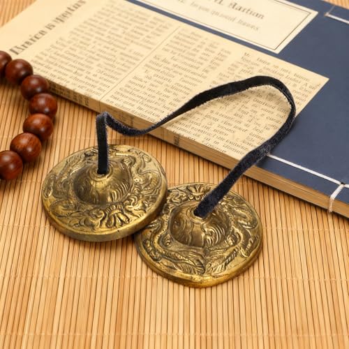 Meditation Chime Bells, 6.3 cm with Embossed Dragon Pattern | Tibetan Tingsha Cymbals with Drawstring Cloth Bag, Meditation Brass Bells for Percussion Instrument, Sound Healing, Yoga