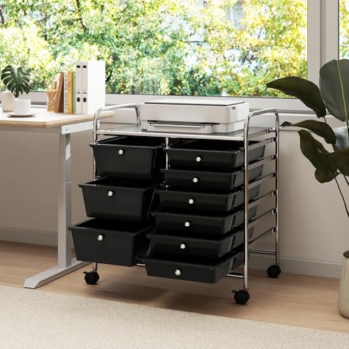 9 Drawer Rolling Storage Cart, Rolling Cart with Drawers for Classroom, Art Supply Craft Organizer on Wheel with Metal Frame & Handles for Home Office School - color: Black, size: 9 Drawer