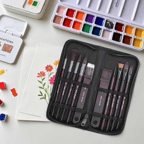 10 Pieces Paint Brush Set, Artist Series, Nylon Bristles with Round, Flat, Fan, Angle, Detail Brush, Suitable for Artists and Beginners for Acrylic Painting, Oil, Watercolor, Gouache(Black) - color: Black