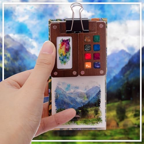 Qilery Mini Portable Watercolor Palette Set Wooden Grid Paint Box Watercolor Paper Sketch Book Brush Pens with Binder Clip for Painters Artist Not Include Paint(Bird) - style: Bird