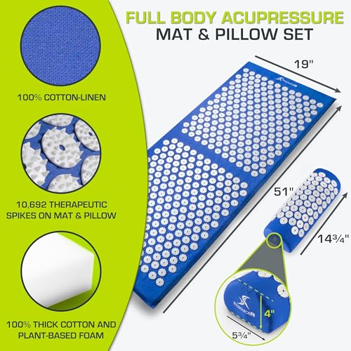 ProsourceFit Acupressure Mat and Pillow Set for Back/Neck Pain Relief and Muscle Relaxation, XL - Blue/White - color: Blue/White, size: XL