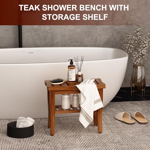 Teak Shower Bench Stool with Storage Shelf, Waterproof Shower Chair Spa Bath Seat, Shower Stool for Inside Shower, Bathroom Bench Seat for Adults Elderly Seniors for Indoor or Outdoor Use - color: Teak