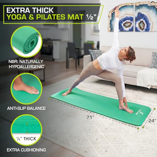 ProsourceFit Extra Thick Yoga and Pilates Mat 1/2” (13mm) or 1" (25mm), 71-inch Long High Density Exercise Mat with Comfort Foam and Carrying Strap - color: Green, size: 1/2"