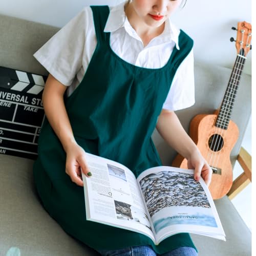 NEWGEM Japanese Cotton Linen Cross Back Cooking Apron for Women Men with Pockets Cute for Baking Kitchen - color: 07 - Women's Dark Green