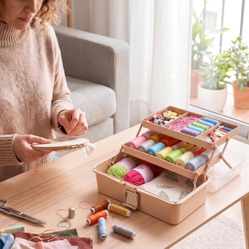 BTSKY 3-Layer Foldable Craft Organizer, Portable Tackle Box with Handle & Adjustable Dividers, Multi-Purpose Toolbox for Art Supplies, Sewing, Medicine, 12.2x6.7x5.7 Inch, Blush Pink - color: Blush Pink