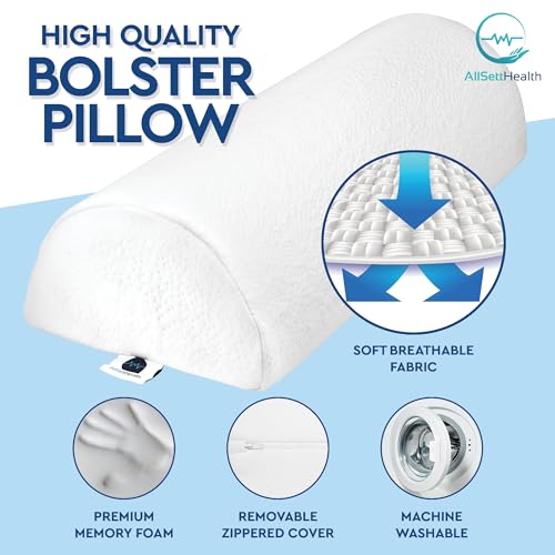 AllSett Health Half Moon Bolster Pillow for Legs, Back and Head (2 Pack) Semi Roll for Ankle and Foot Comfort with White Cotton Machine Washable Cover | Premium Memory Foam | 2 Pillow System - style: Knee Half Moon White (2 Pack)