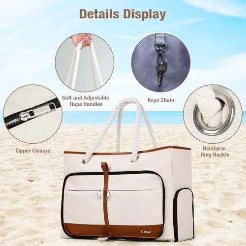 Beach Bag for Women - 35L Large Tote Bag, Waterproof & Sandproof, Zippered Carry On Bag for Pool, Beach & Travel - color: Beige