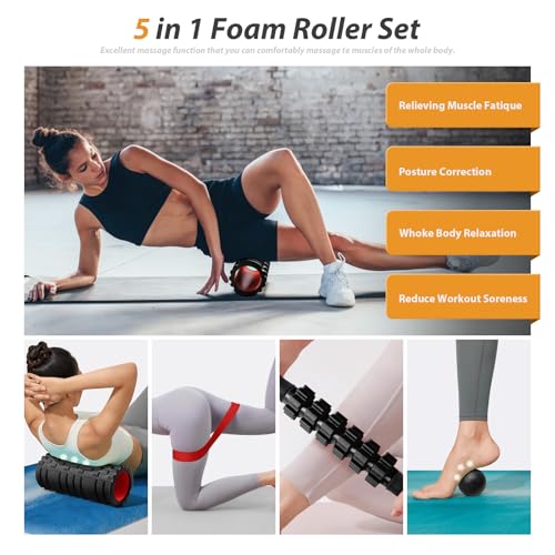 SUBCULTUREPICK 5 in1 Foam Roller Set, Trigger Point Foam Roller Deep Tissue | Massage Roller Stick, Massage Ball, Resistance Band for Physical Therapy, Pilates Yoga,Fitness Exercise for Whole Body Black - color: Black-red
