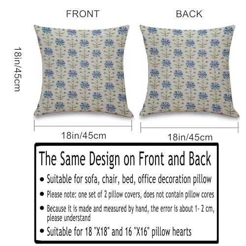 Blue Floral Block Print Pillow Covers 18x18 inches Set of 2, Double-Sided Vintage Boho Decorative Throw Pillows for Couch, Soft Thick Flannel Cushion Case for Sofa Bed Living Room, Hidden Zipper - color: Vintage Floral049