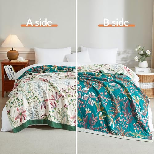 Boho Throw Blanket for Bed 80”x90”, 100% Cotton Blanket for Couch Sofa | Ultra Soft 4-Layer Muslin Woven Quilt with Floral Printed, Farmhouse Bed Blanket/Cover for Living Room Decor - color: P - Boho Floral, size: 80“ x 90”