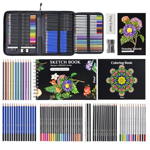 PRINA 81 Drawing Set Sketching Kit, Pro Sketch Pencils Art Supplies with Rainbow, Colored, Graphite, Watercolor, Metallic, Charcoal Pencil, Sketchbook, Coloring Book, Gift Case for Artists Adults Kids