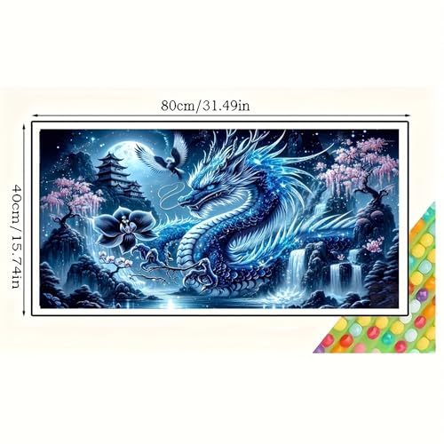 Fantasy Dragon 5D Diamond Painting Kits for Adults,Waterfall Landscape Diamond Mosaic Art,DIY Full Round Diamond Embroidery,Diamond Art Kits for Home Decor,Large size 31.5 x 15.7 inches,DIY Mosaic Art - color: blue dragon