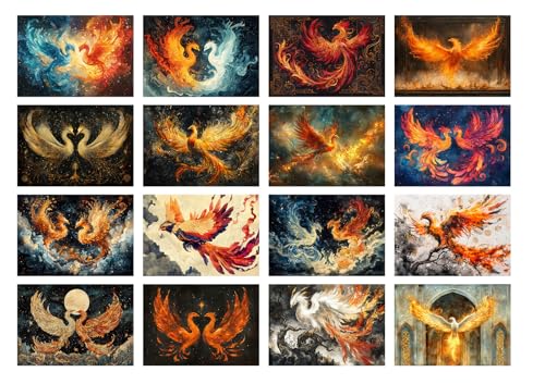 Decoupage Paper Pack (35 Sheets 6"x8") Phoenix Fire Ballet ~ Fiery phoenixes soar and Spiral in Brilliant Flame and ash Across Vivid Mythological Skies in Painterly Fantasy compositions - color: Five