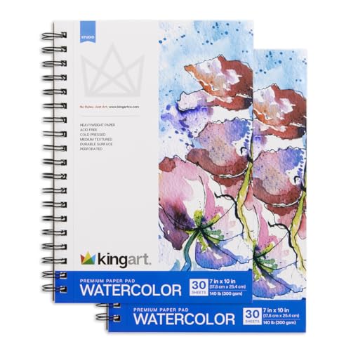 KINGART Pad, Textured, Perforated, Cold Press, Side Wire Bound, 140 Lbs. (300G), 7" X 10", 30 Sheets, 2-Pack Watercolor Paper, (Pack of 2), White 2 Piece