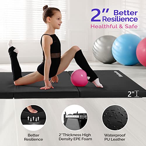 Matladin 6' Folding Tri-fold Gymnastics Gym Exercise Aerobics Mat, 6ft x 2ft x 2in PU Leather Tumbling Mats with Hook & Loop Fastener for Stretching Yoga Cheerleading Martial Arts - color: Black