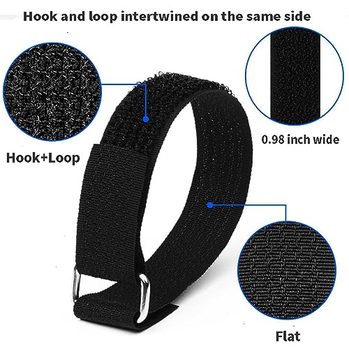 39ft Black Hook and Loop Straps With 50Pcs Metal Buckles 1 inch Wide Cinch Straps Nylon Long Adjustable Management Cords Organized Cable Ties - color: Black