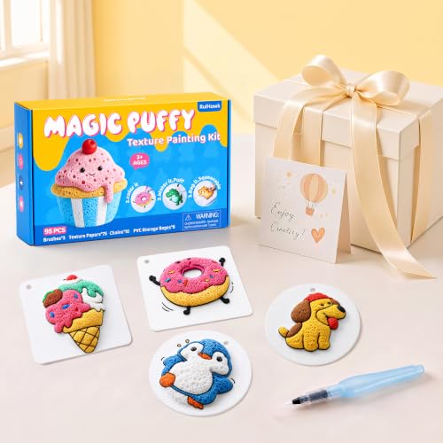 RuiHawk 95 Pcs Magic Foam Painting Refill Kit, 75 Sheets 3D Textured Paper, 3 Water Brushes, 10 Keychains – Mess-Free, Water-Activated, Non-Toxic – with Gift Box, Travel Art Set for Kids Ages 5-10 - color: 75 Foam Refill Kit + 20 Accessories