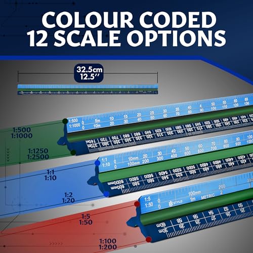 Stylo Architectural Scale Ruler, 12 Inch Aluminum, Blue Metric | Laser Etched Triangular Drafting Scale, Color Coded Grooves, for Blueprints and Floor Plans, Cloth Pouch Included - color: Blue, size: 12 inch (Metric)