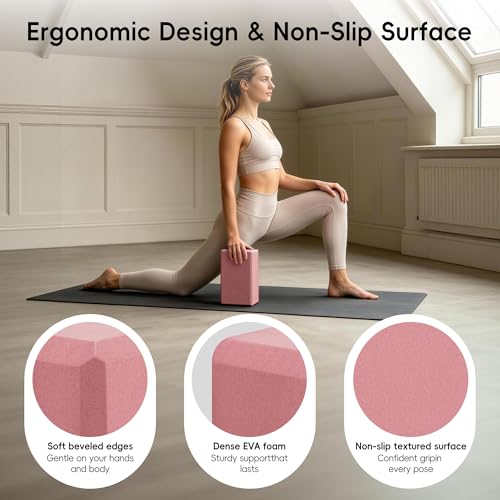 High Density EVA Yoga Blocks 2 Pack, 280g Pro-Level Exercise Brick (46-50 Shore C Firmness), Odor-Free & Non-Slip Foam Props for Yoga, Pilates & Stretching - color: pink