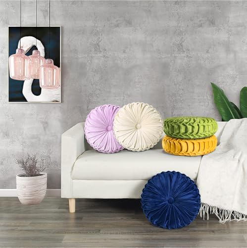 HIG Set of 2 Apple Green Velvet Decorative Round Pleated Throw Pillows - color: Apple Green