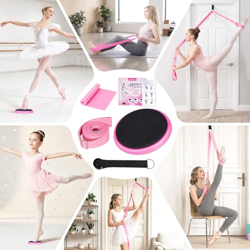 Ballet Practice Kit - Turning Board, Stretching Strap & Resistance Band to Improve Turns, Balance, Spinning for Dance - color: PINK