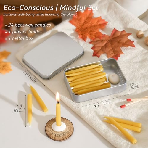 20 Minute 100% Pure Beeswax Candles, Mini Mindful Meditation Taper Candles, Smokeless & Dripless with Holder for Yoga, Prayer, Relaxation (Yellow,24 Pack) - color: Yellow