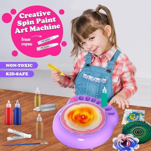 Spin Art Machine for Kids, Paint Spinner Arts & Crafts Gift Kit, Ages 4-12 | Includes machine, 36 artboards, 7 washable paints & splatter guard. Easy-clean, screen-free STEAM gift for girls & boys - color: Purple