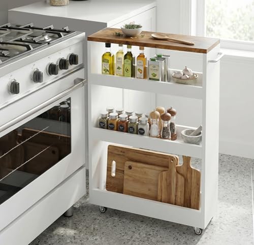 TEAMIX Wood 4-Tier Slim Rolling Storage Cart, 7.9"W, 24.8"D, 36.7"H, White - color: White