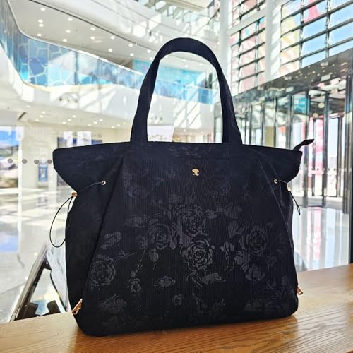 ESVAN Corduroy Yoga Tote Bag Gifts for Women Drawstring Yoga Mat Bag for Office Workout Travel Carryall Pilates Gym - color: Black Rose