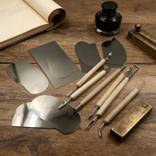 15PCS Pottery & Sculpting Tool Set, 10 Stainless Steel Clay Ribs & Serrated Scrapers & 5 Double Side Wooden Handle Modeling Tools for Ceramics, Clay Sculpting, Texturing, Smoothing & Pottery Crafting