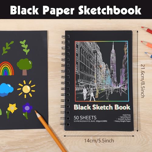 160gsm Black Paper Sketchbook 5.5 x 8.5 in, 50 Acid-Free Drawing Paper | Heavyweight black paper, finely textured, tears cleanly, lays flat, for pencils, chalk, metallic markers - size: 5.5×8.5 Inch (1 Pack )