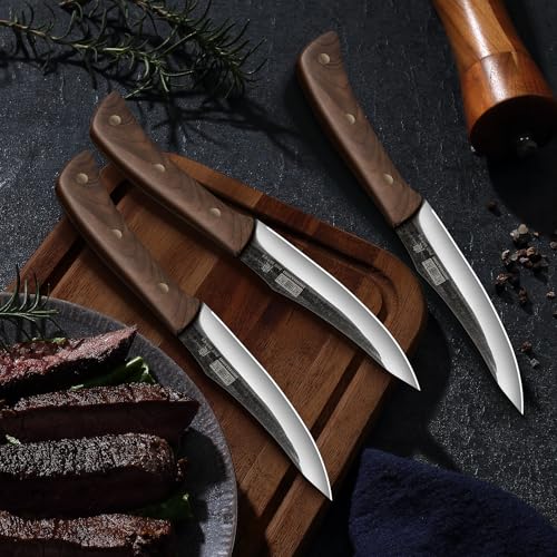 HOSHANHO Steak Knives Set of 6, Sharp 4.5" Non Serrated Steak Knife Set | Hand Forged High Carbon Steel Dinner Steak Knives with Full Tang Wood Handle, Gift with Men - size: 4.5"