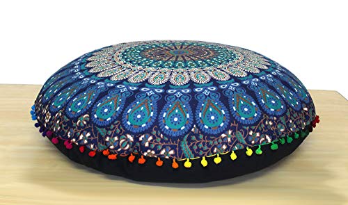 CRAFT KALA 32" Round Mandala Floor Pillow Seating Throw Cover Hippie Decorative Bohemian Ottoman Poufs Pom Pom Pillow Cover Cases Boho Cotton Living Yoga Home Decor, Blue Peacock - color: Blue Peacock