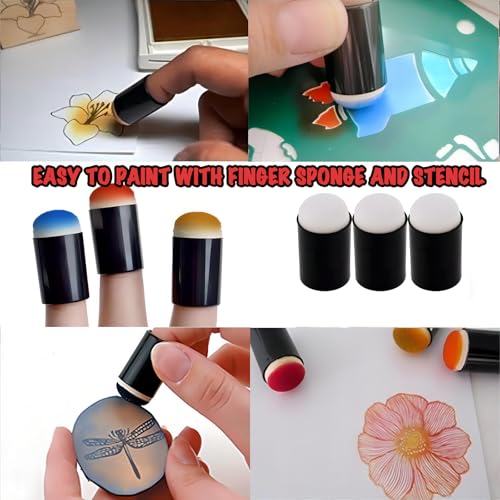 40 pcs Finger Sponge Daubers Foam with Storage Case Colorful Craft Drawing Chalk Fingers Set with 8pcs Reusable Stencils for DIY Face Painting Art,Card Making