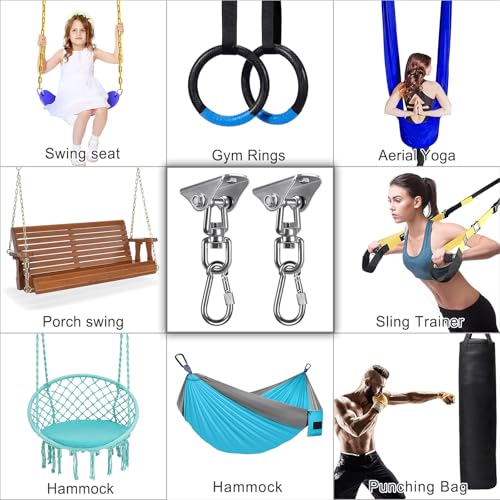 SELEWARE Swing Hangers Heavy Duty Ceiling Swing Mount with Carabiners 2 Pcs | Stainless Steel Swing Hooks 360° Swivel Swing Hardware for Porch Swing Hammock Chair Heavy Bag Yoga Silk 1000 LB Capacity - color: Silver-360° Swing Hanger With Carabiners (2 Pa