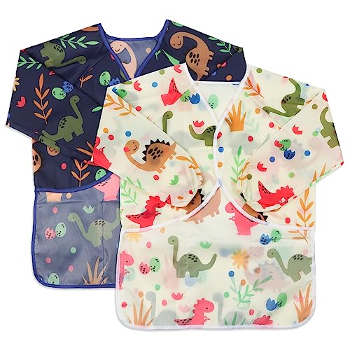 Kids Art Smocks 2 Pack Dinosaur Painting Aprons for Children Waterproof Artist Smock with Long Sleeve and 3 Pockets for Age 3-8 Years - color: Dinosaur-2