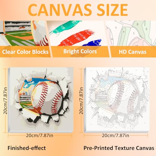 Baseball Paint by Numbers Kit for Kids, 8x8 inch | DIY Paint by Numbers for Kids, Ages 4-8-12, with Frame, Wooden Easel, Gifts Box, Fun and Relaxing,Home Wall Decor - color: Baseball