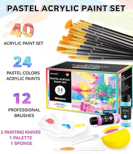 40 PCS Pastel Acrylic Paint Set, 24 Colors (2oz/60ml) Art Craft Paint | with 12 Brushes, 2 Knives & Palette, Paint for Adults Artists Beginners, Canvas Ceramic Rocks Wood Painting Kit Art Supplies - color: Pastel Colors, size: 2 Fl Oz (Pack of 24)