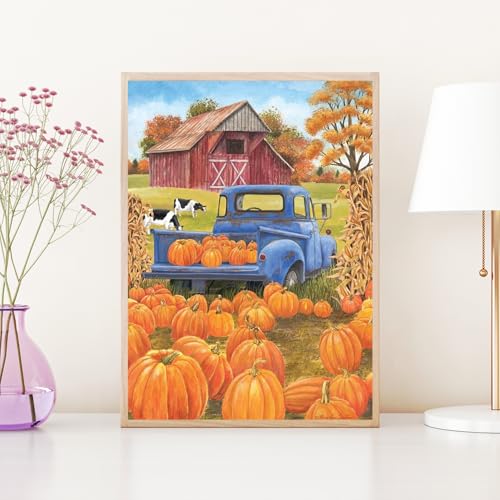 Modern Merch Truck Diamond Art Kits for Adults Fall Pumpkin Patch, Autumn Landscape Farm 5D Diamond Painting for Adults Dog and Truck, DIY Fall Wall Art Cross Stitch Gem Art, Full Round Drill 12x16in - color: Pumpkin Patch