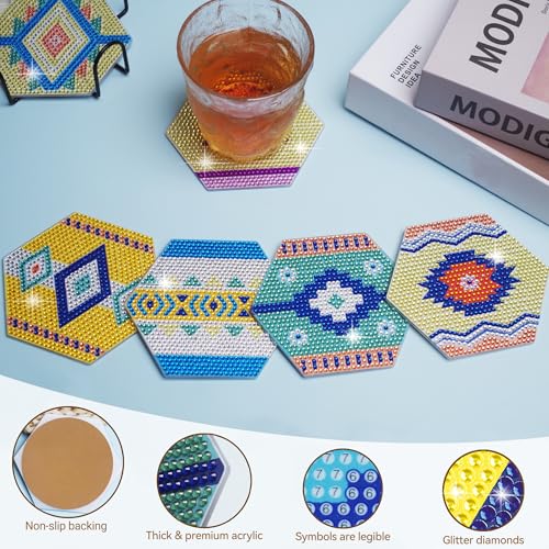 Vcekract 6 Pcs Hexagon Diamond Art Coasters Kit for Adults | Diamond Painting Coasters with Holder & Protective Backing, Diamond Art Adult Crafts for Table Home Decoration - color: Boho Coasters