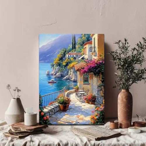GEMOUJ Paint by Numbers Kits for Adult,Scenery Paint by Numbers Kit for Seaside Town, DIY Acrylic Painting on Canvas for Adult, Home Wall Decor 16 x 20 inch - color: GM08