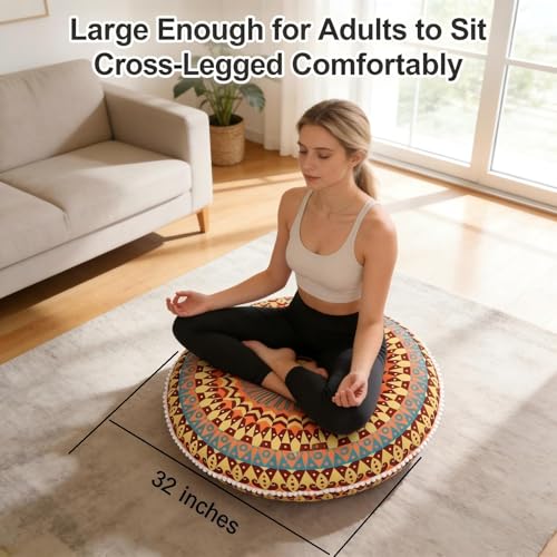 LOVMOC 32 Inch Round Floor Pillow for Adults Set of 2, Large Thick Memory Foam Boho Mandala Meditation Floor Seating Cushion, Machine Washable for Living Room Outdoor Yoga Floor Sitting, Yellow