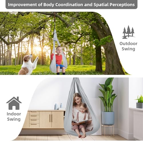 Sensory Joy Swing for Kids, Elastic and Soft Fabric Therapy Swing for Autism, ADHD, Asperger – Indoor Outdoor Sensory Swing for Children, Cozy Cuddle Hammock Chair Autism Swings Indoor(Grey) - color: Grey