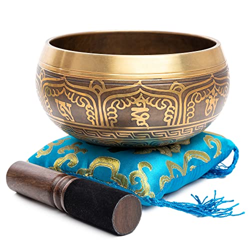 Tibetan Singing Bowl Set - Easy To Play Authentic Handcrafted For Meditation Sound Chakra Yoga Healing 4 Inches By Himalayan Bazaar (Gold & Turquoise) - color: Gold - Turquoise