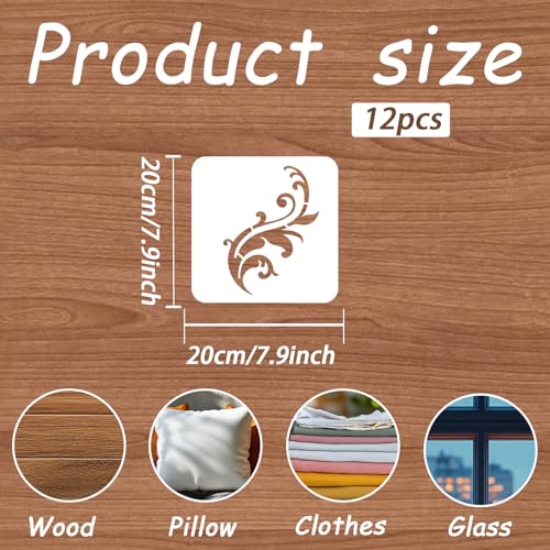 12 Pcs Flower Swirls Stencil 7.87x7.87 Inch Leaf Scroll Reusable Wall Stencil Boho Floral Templates Painting Stencils Set Flourish Swirls Stencils for Cement Wood Furniture DIY Home Decor