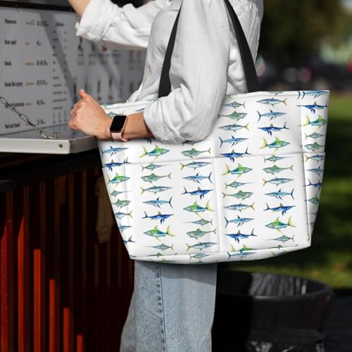 Large Beach Bag for Women Waterproof Foldable Travel Shoulder Tote Bag with Pocket for Weekender Pool Vacation - color: Fish White