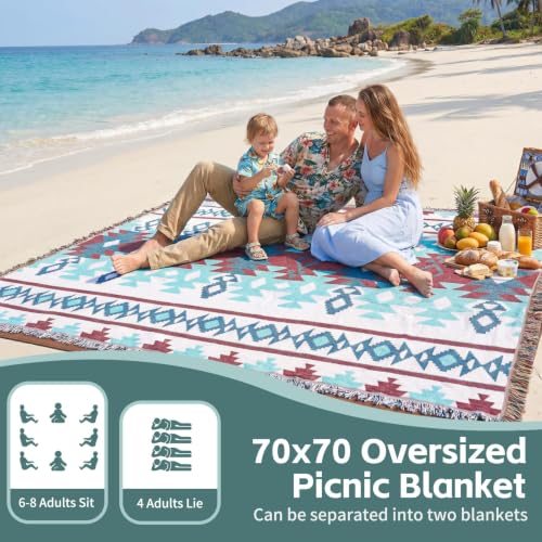 RYCHIC 2 in 1 Extra Large Boho Beach Blanket Towel Sand Free Outdoor Rug Picnic Mat Giant Oversized XL Jumbo Turkish Woven Throw Summer Vacation Essential Travel Must Have Accessories Women Gift - color: Boho Teal