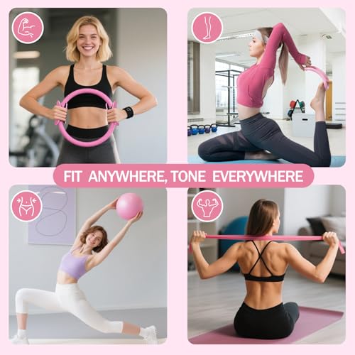 Home Pilates Essentials Kit for Women Pink Ring and Ball Pilates Set Equipment, Magic Circle with 5 Resistance Bands Premium Accessories Kits for Starter Toning Workouts at Home - color: 핑크